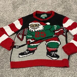 Ugly Christmas Sweater Santa Hockey Knit - Red, Green, Black